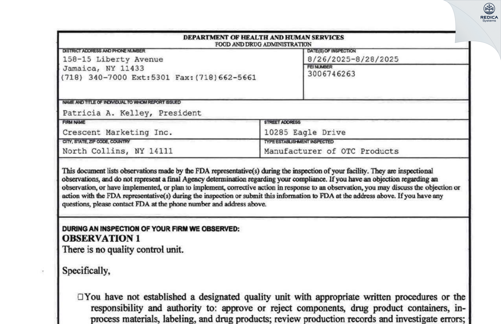 FDA 483 - Crescent Marketing, Inc. dba Crescent Mfg [North Collins / United States of America] - Download PDF - Redica Systems