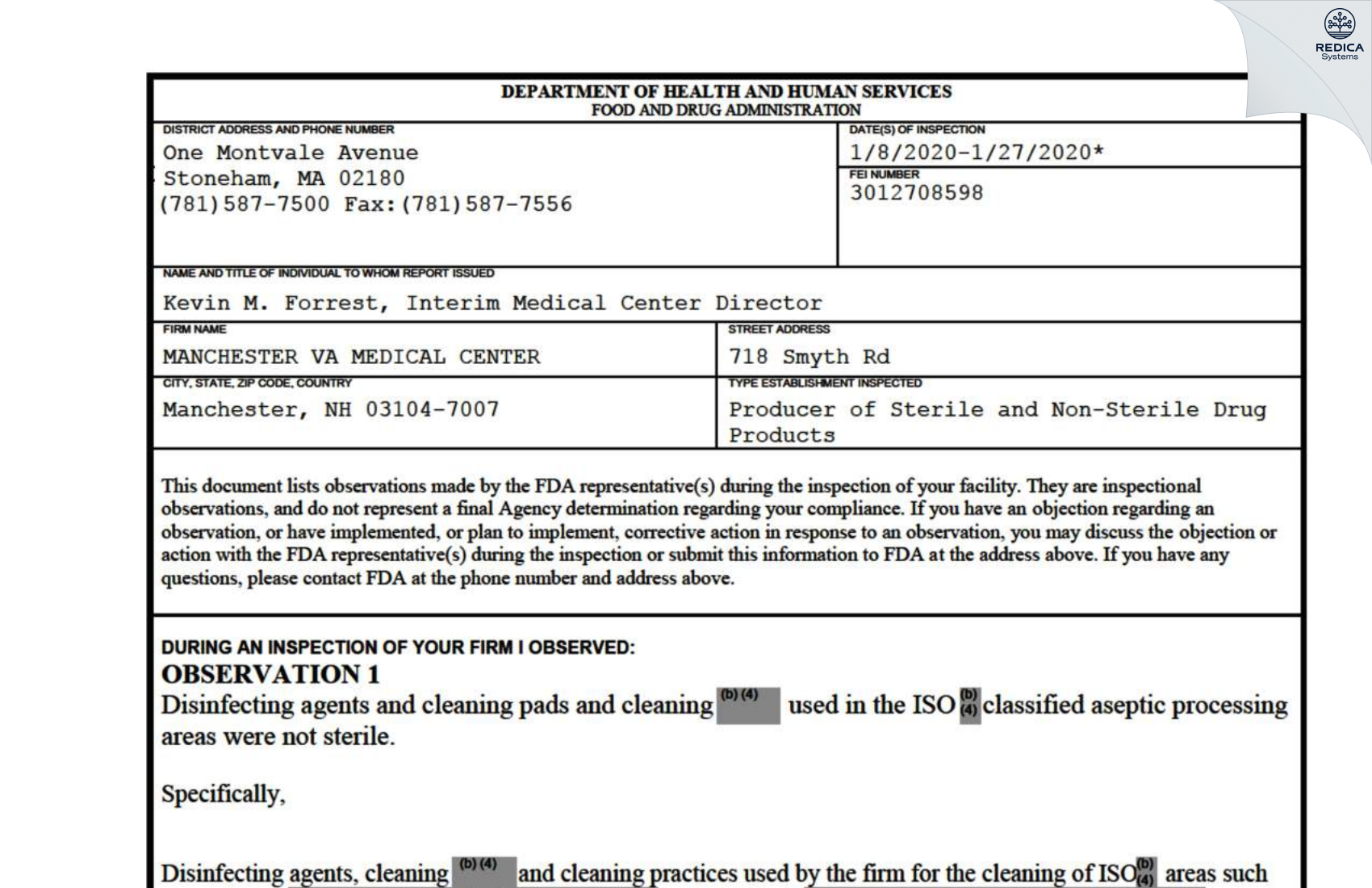 FDA 483 - MANCHESTER VA MEDICAL CENTER [Manchester / United States of America] - Download PDF - Redica Systems