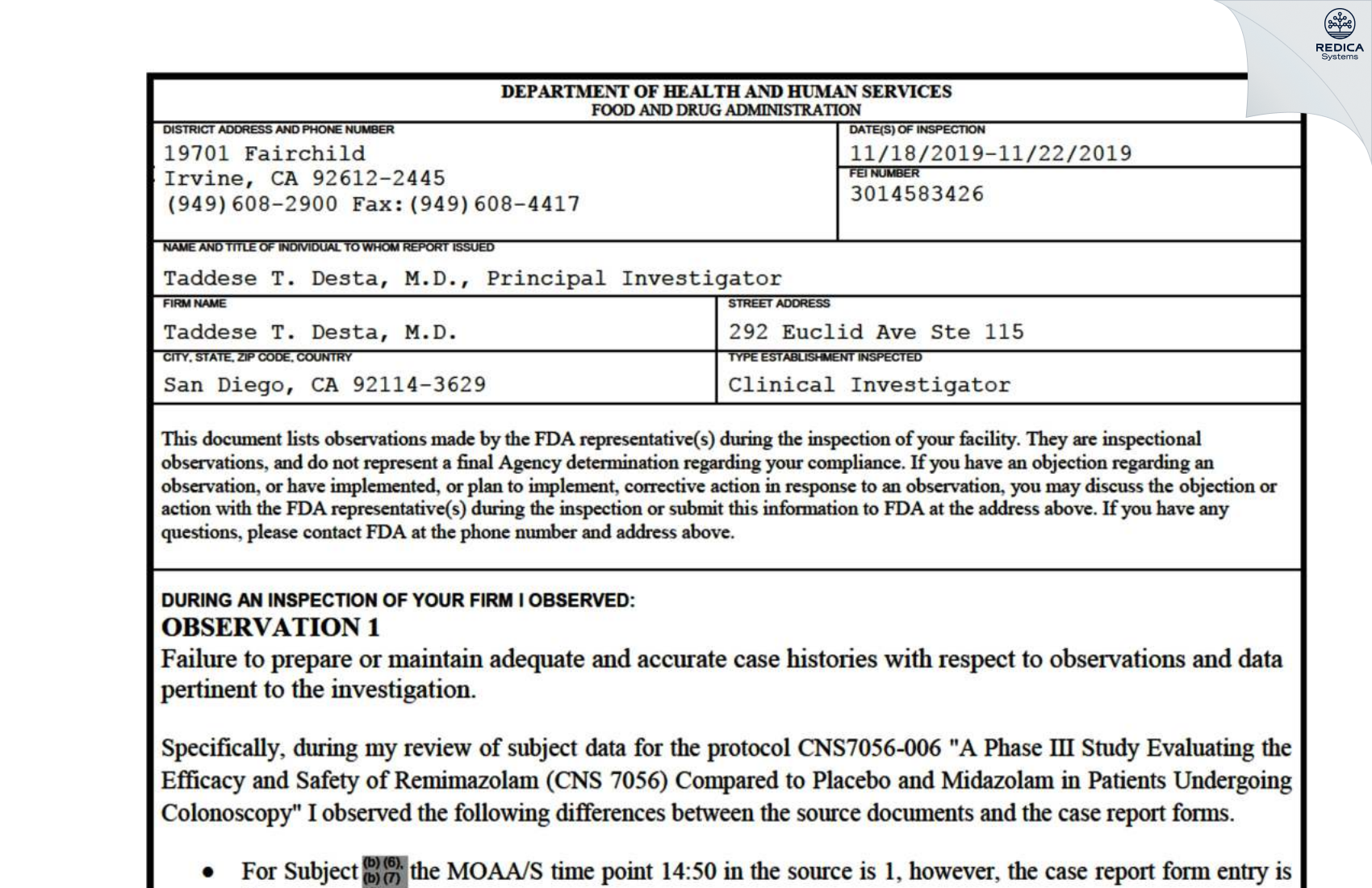 FDA 483 - Taddese T. Desta, M.D. [San Diego / United States of America] - Download PDF - Redica Systems