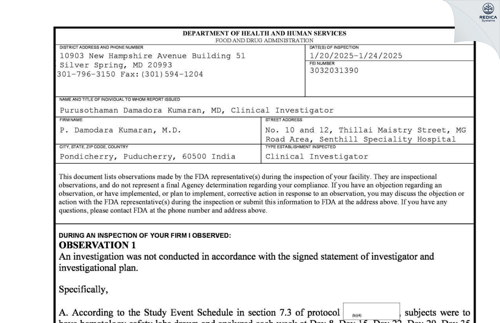 FDA 483 - P. Damodara Kumaran, M.D. [Periapalli / India] - Download PDF - Redica Systems