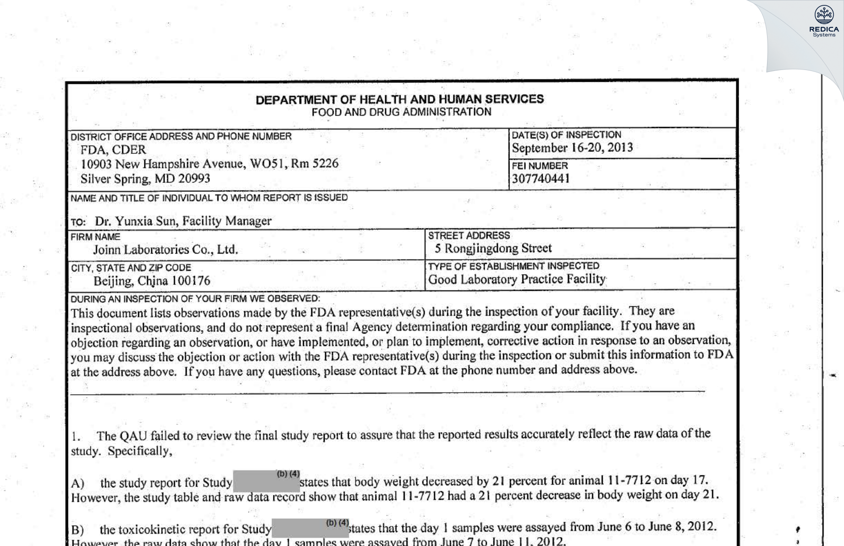 FDA 483 - Joinn Laboratories Co., Ltd. [Beijing / China] - Download PDF - Redica Systems