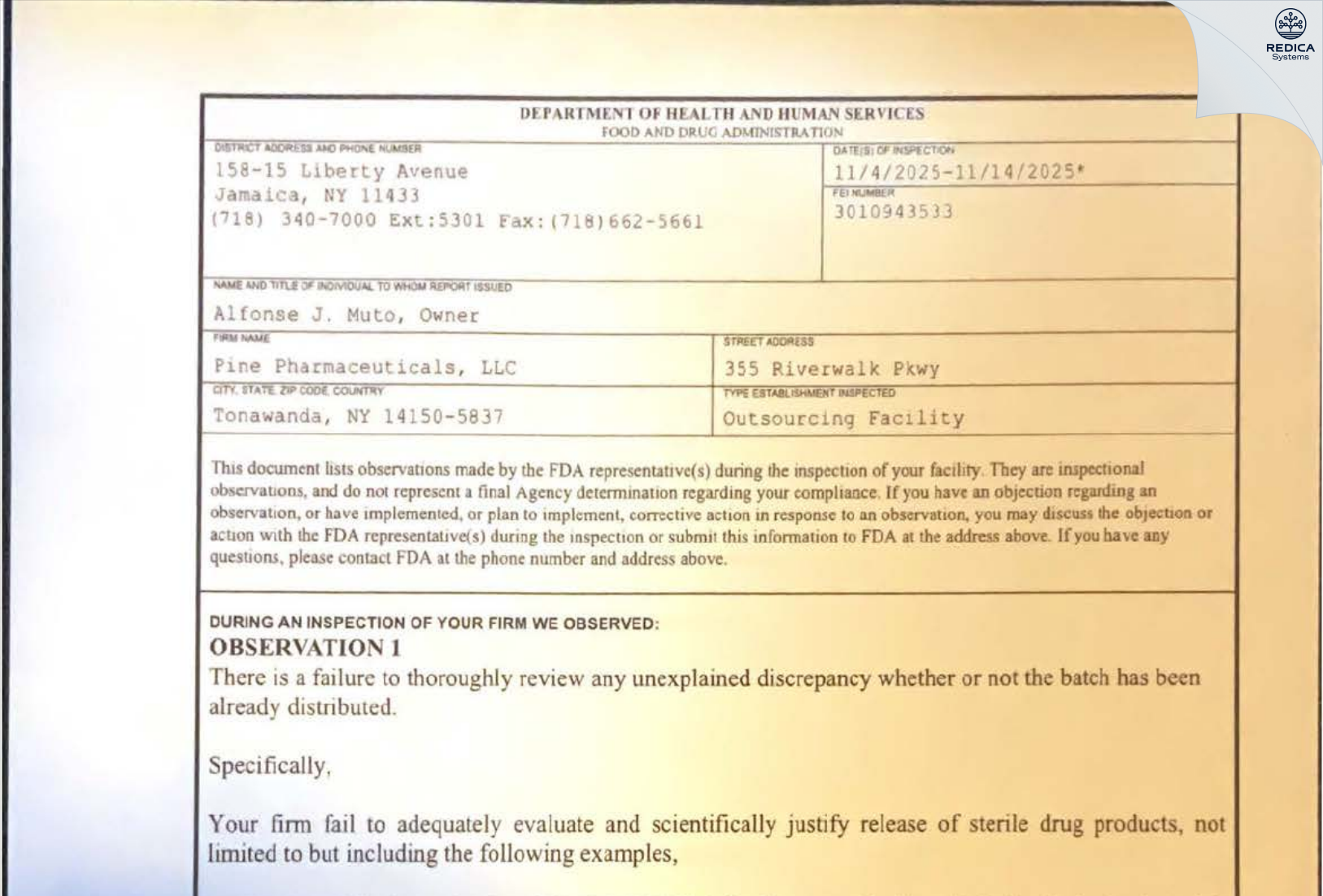 FDA 483 - Pine Pharmaceuticals, LLC [Tonawanda / United States of America] - Download PDF - Redica Systems