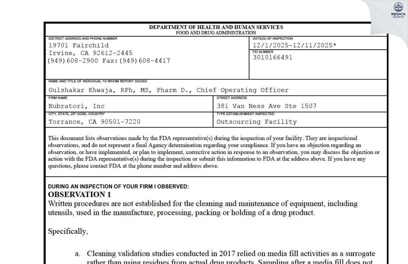 FDA 483 - Nubratori, Inc [Torrance / United States of America] - Download PDF - Redica Systems