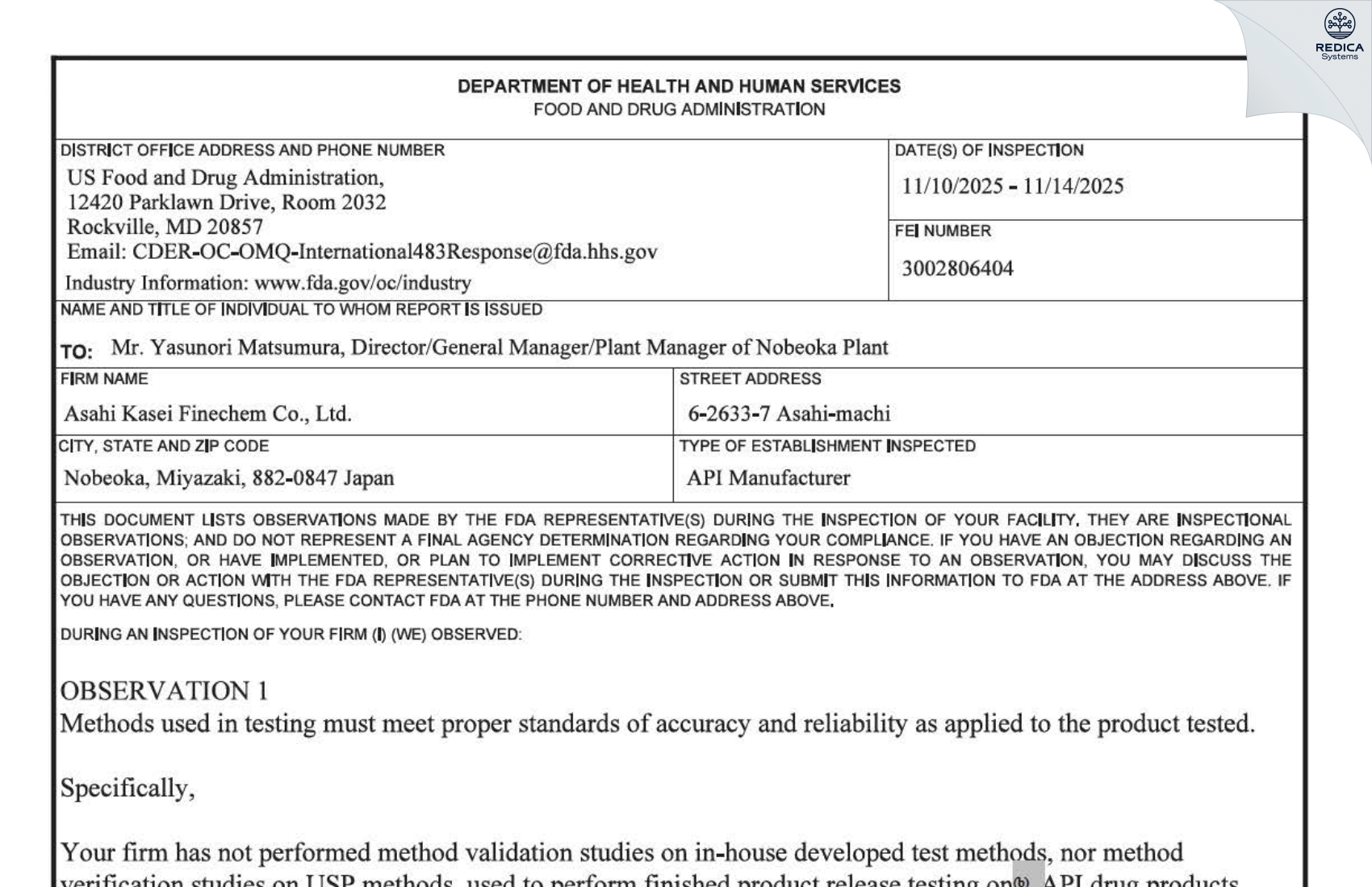 FDA 483 - Asahi Kasei Finechem Co., Ltd. [Asahimachi / Japan] - Download PDF - Redica Systems