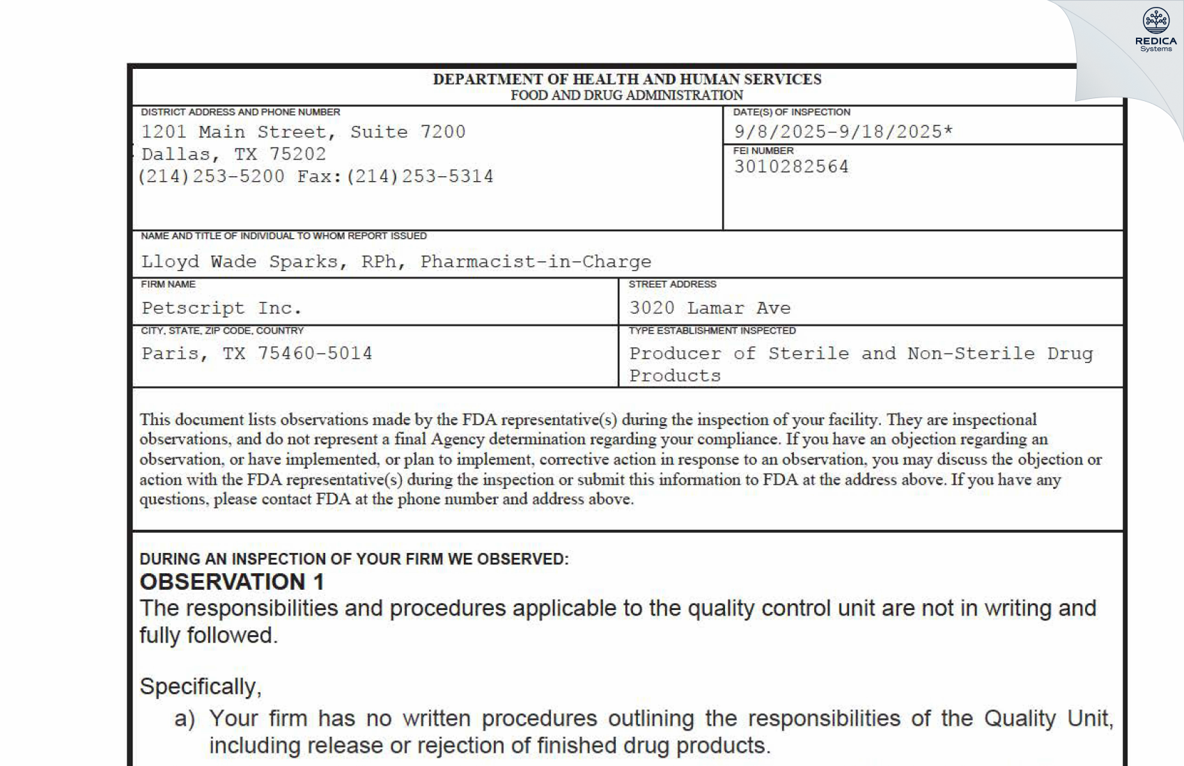 FDA 483 - Petscript Inc. [Paris / United States of America] - Download PDF - Redica Systems