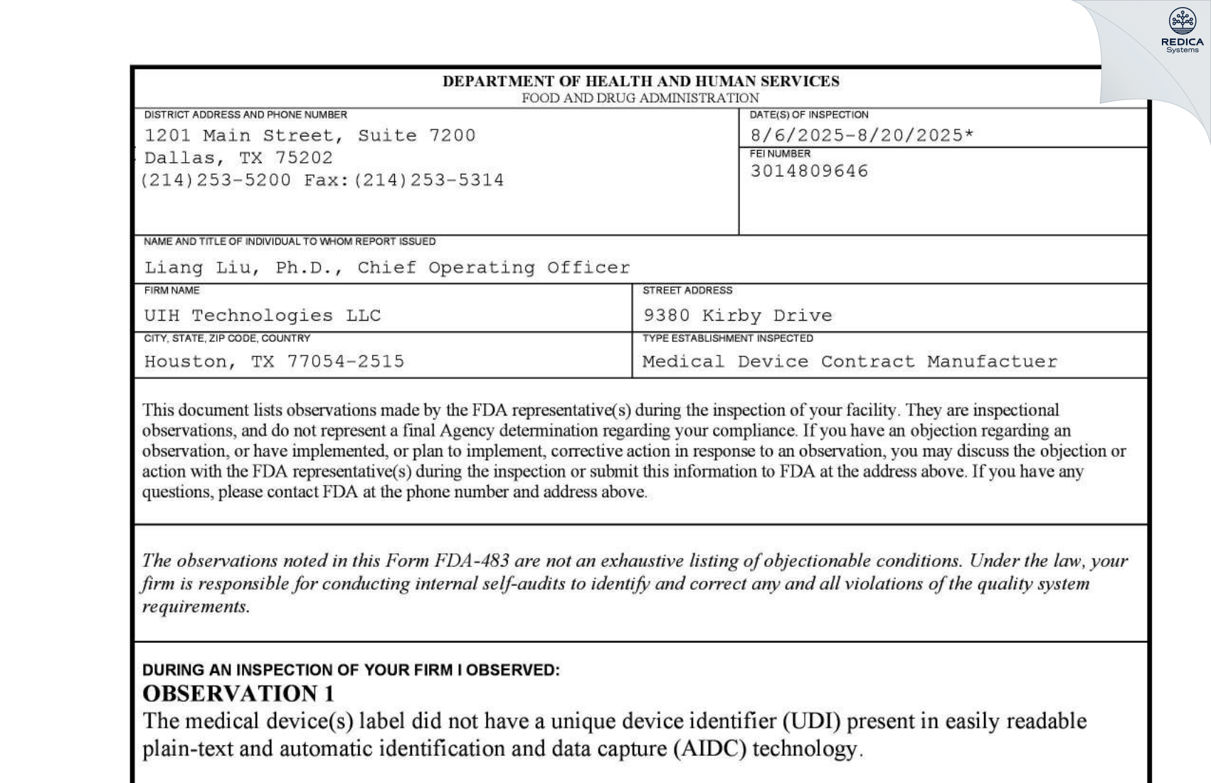 FDA 483 - UIH TECHNOLOGIES, LLC [Houston / United States of America] - Download PDF - Redica Systems