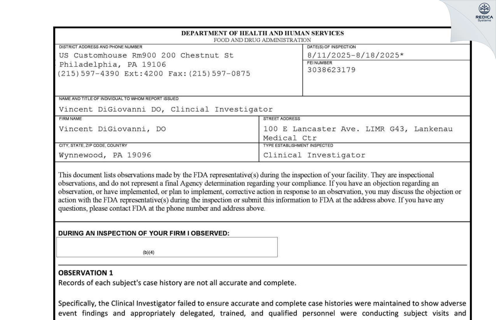 FDA 483 - Vincent DiGiovanni, DO [Wynnewood / United States of America] - Download PDF - Redica Systems