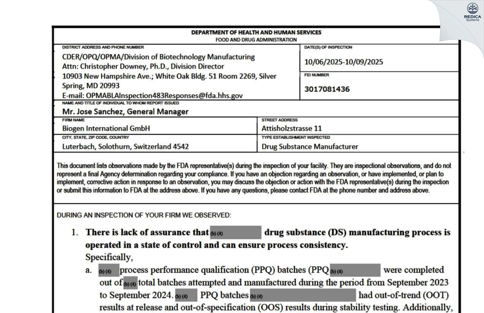 FDA 483 - Biogen International GmbH [Luterbach / Switzerland] - Download PDF - Redica Systems