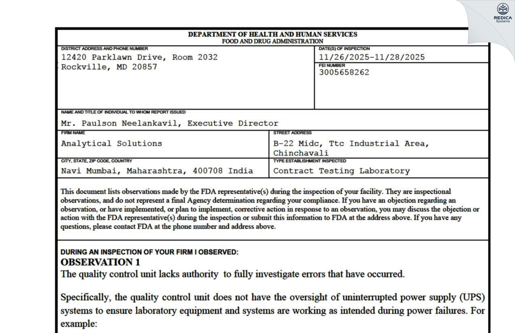 FDA 483 - Analytical Solutions [Navi Mumbai / India] - Download PDF - Redica Systems