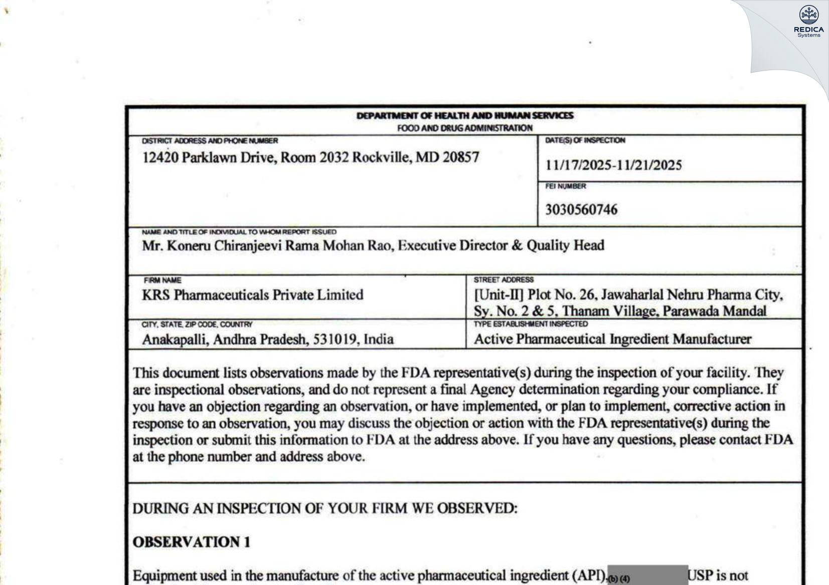 FDA 483 - KRS PHARMACEUTICALS PRIVATE LIMITED [Paravada / India] - Download PDF - Redica Systems