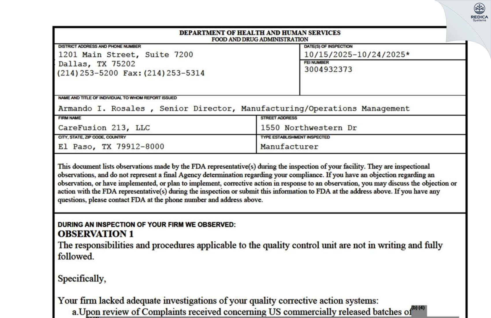 FDA 483 - CareFusion 213 LLC [El Paso / United States of America] - Download PDF - Redica Systems