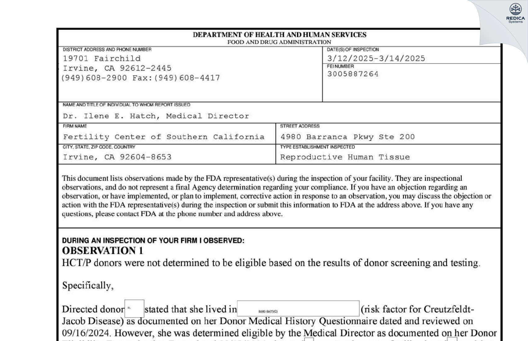 FDA 483 - Fertility Center of Southern California [Irvine / United States of America] - Download PDF - Redica Systems