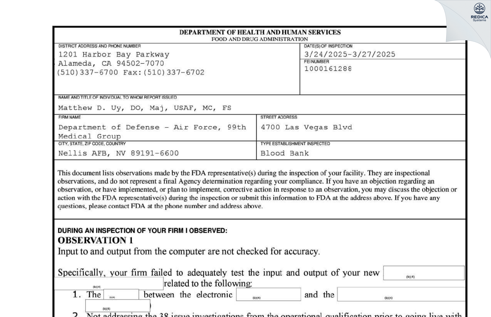 FDA 483 - Department Of The Air Force, 99th Medical Group/SGSL [Nellis Afb / United States of America] - Download PDF - Redica Systems