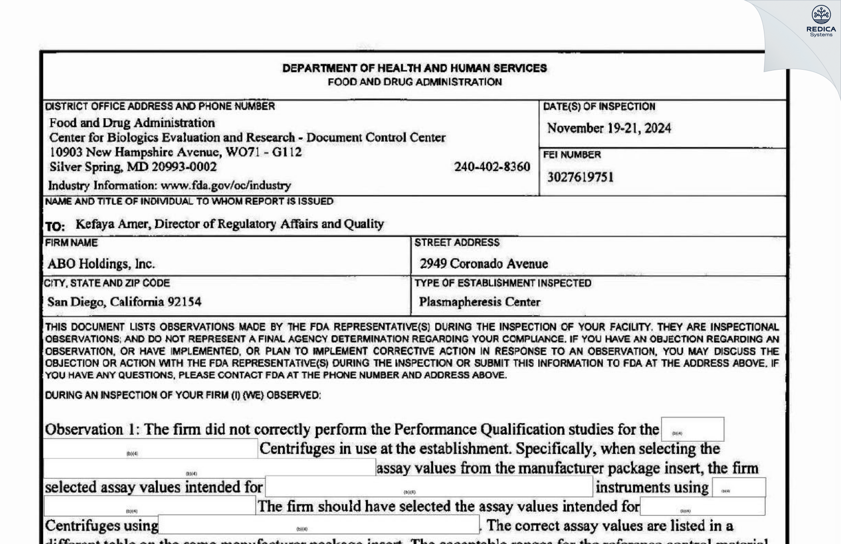 FDA 483 - ABO Holdings Inc [San Diego / United States of America] - Download PDF - Redica Systems