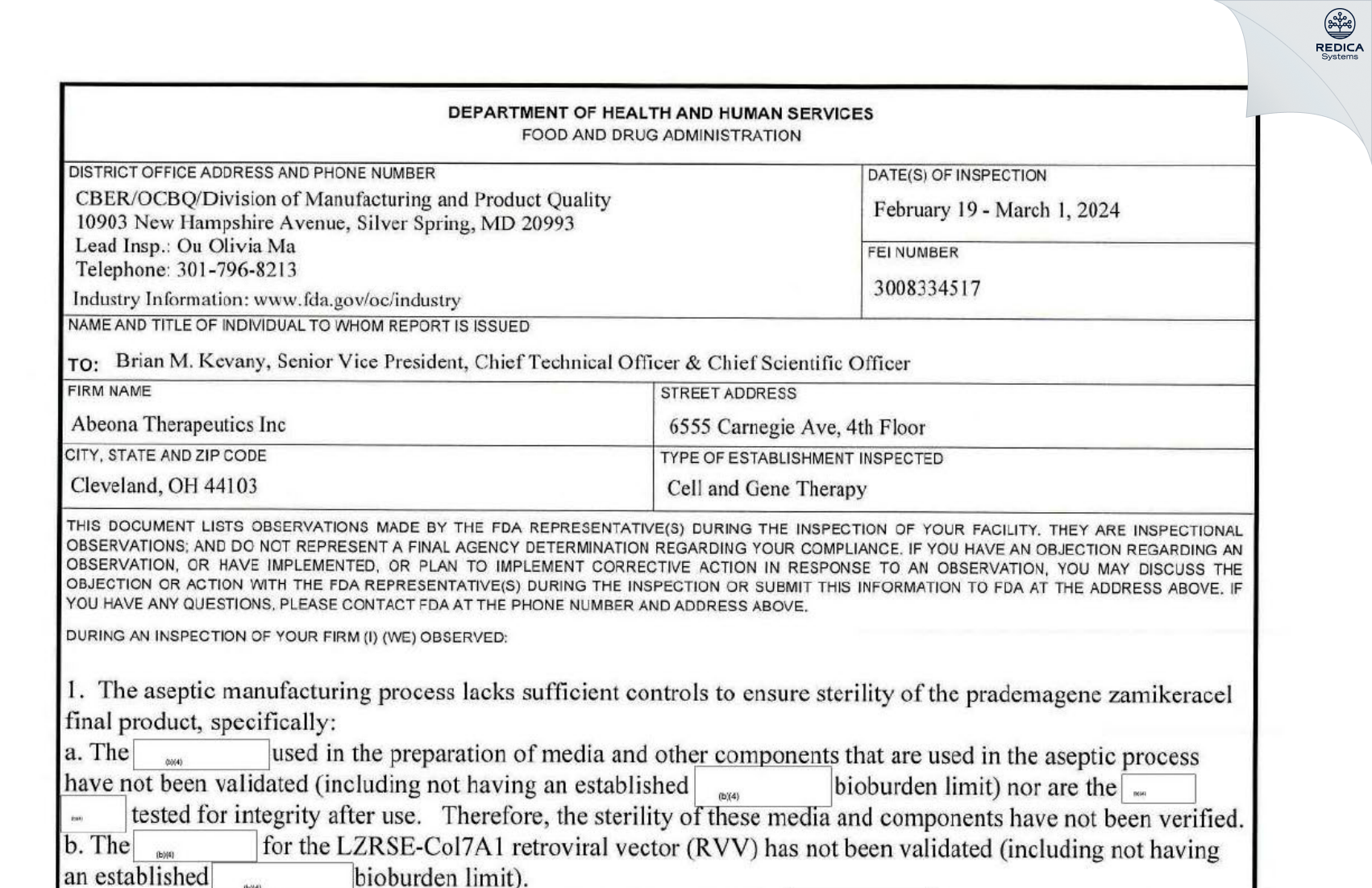 FDA 483 - Abeona Therapeutics, Inc. [Cleveland / United States of America] - Download PDF - Redica Systems