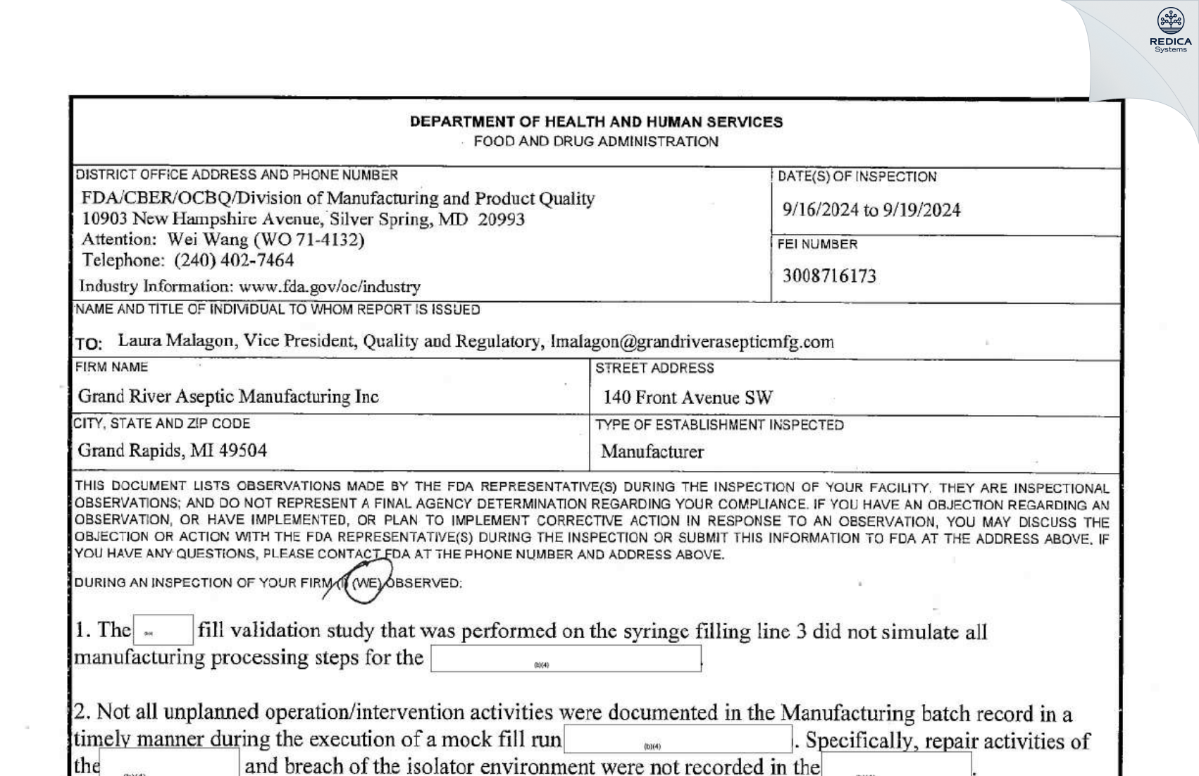 FDA 483 - Grand River Aseptic Manufacturing Inc. [Grand Rapids / United States of America] - Download PDF - Redica Systems