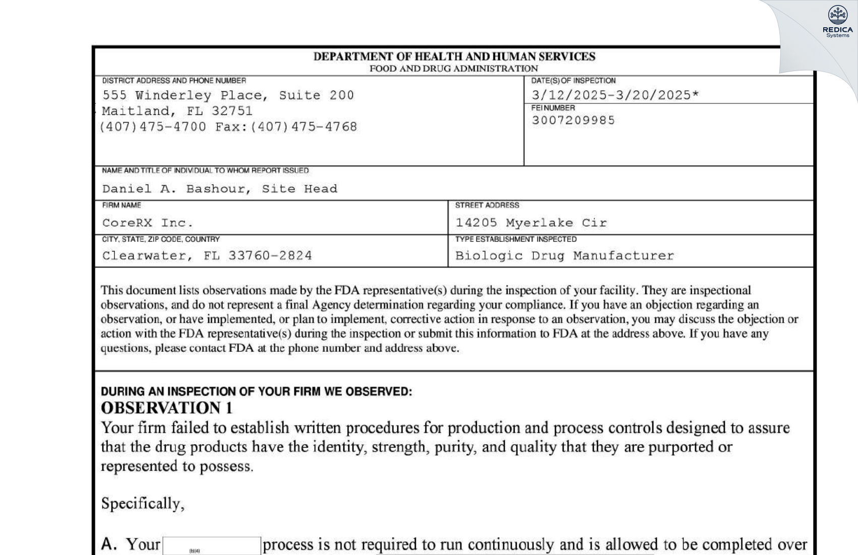 FDA 483 - CORERX, INC. [Clearwater / United States of America] - Download PDF - Redica Systems