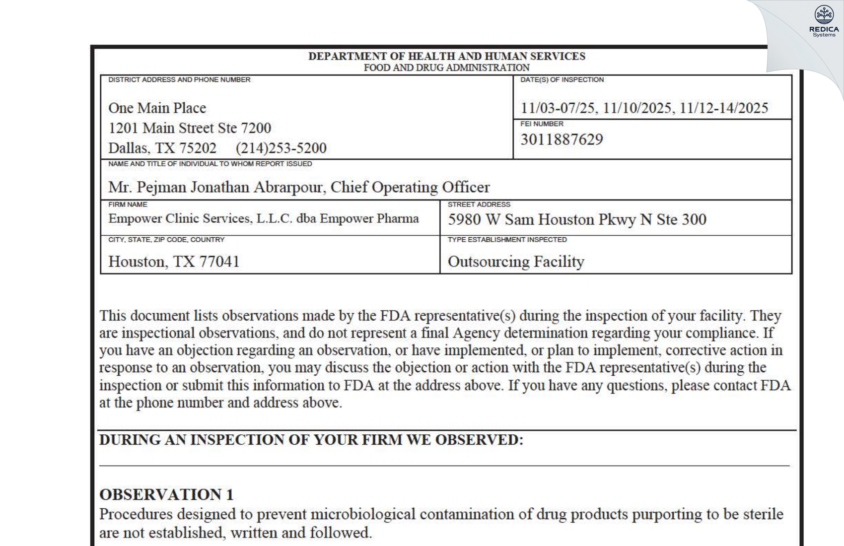 FDA 483 - Empower Clinic Services LLC dba Empower Pharmacy [Houston / United States of America] - Download PDF - Redica Systems