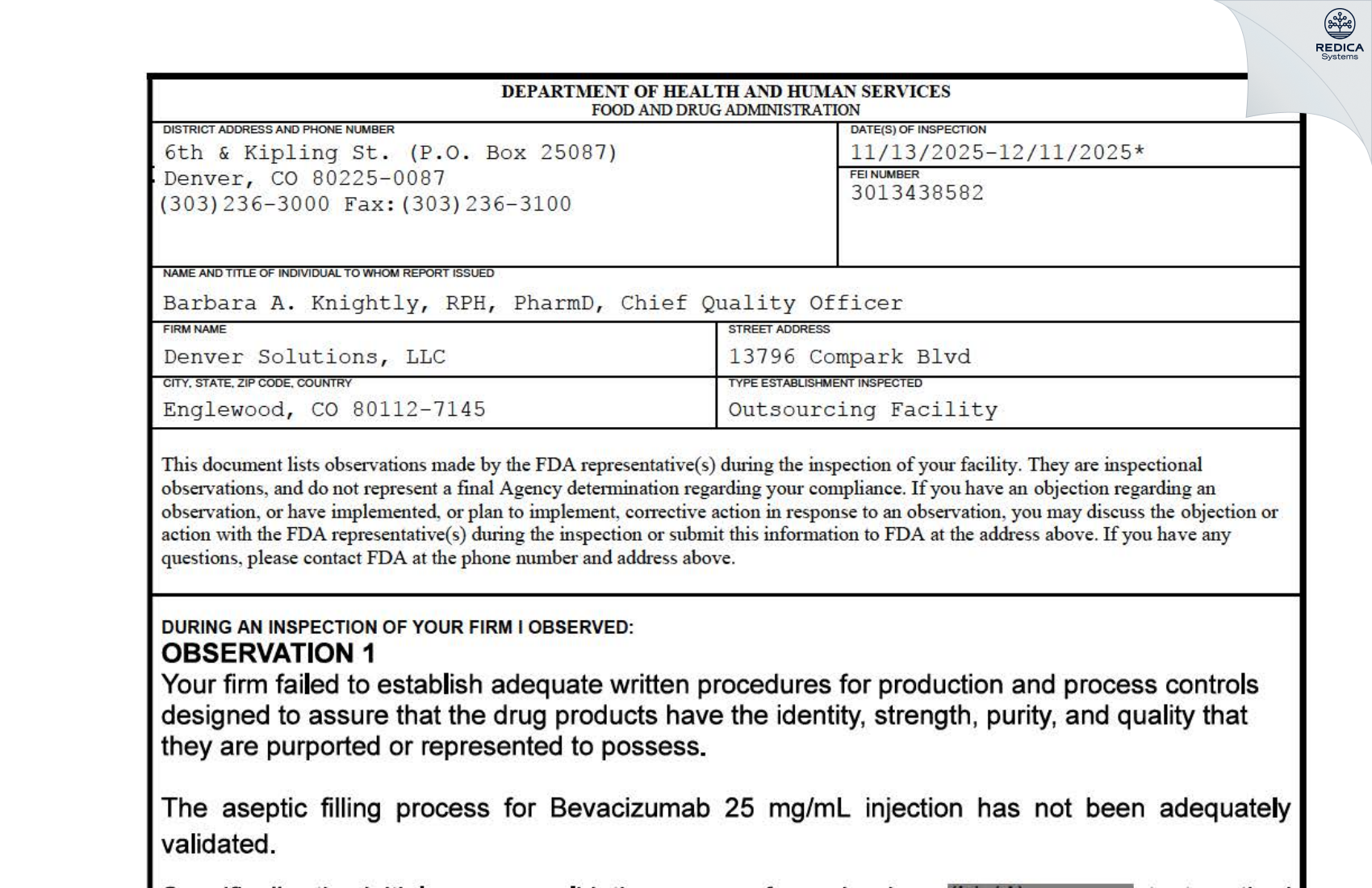 FDA 483 - Denver Solutions, LLC DBA Leiters Health [Englewood / United States of America] - Download PDF - Redica Systems