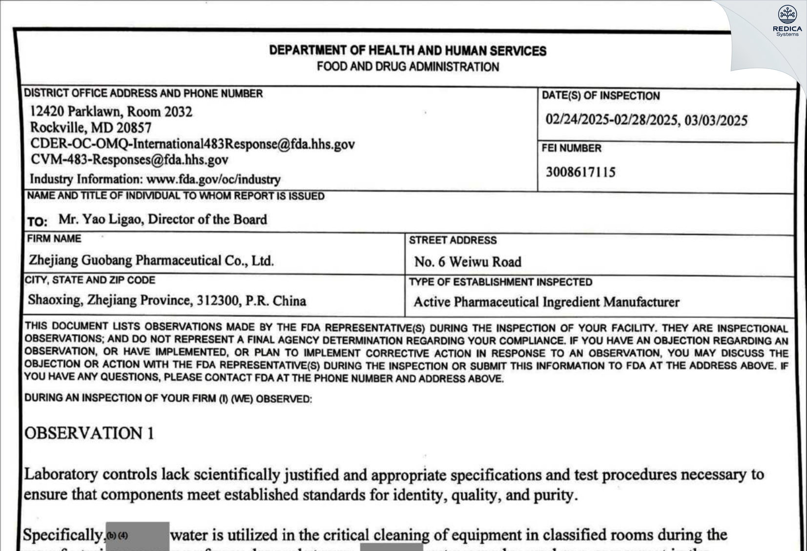 FDA 483 - Zhejiang Guobang Pharmaceutical Co., Ltd. [Shaoxing / China] - Download PDF - Redica Systems