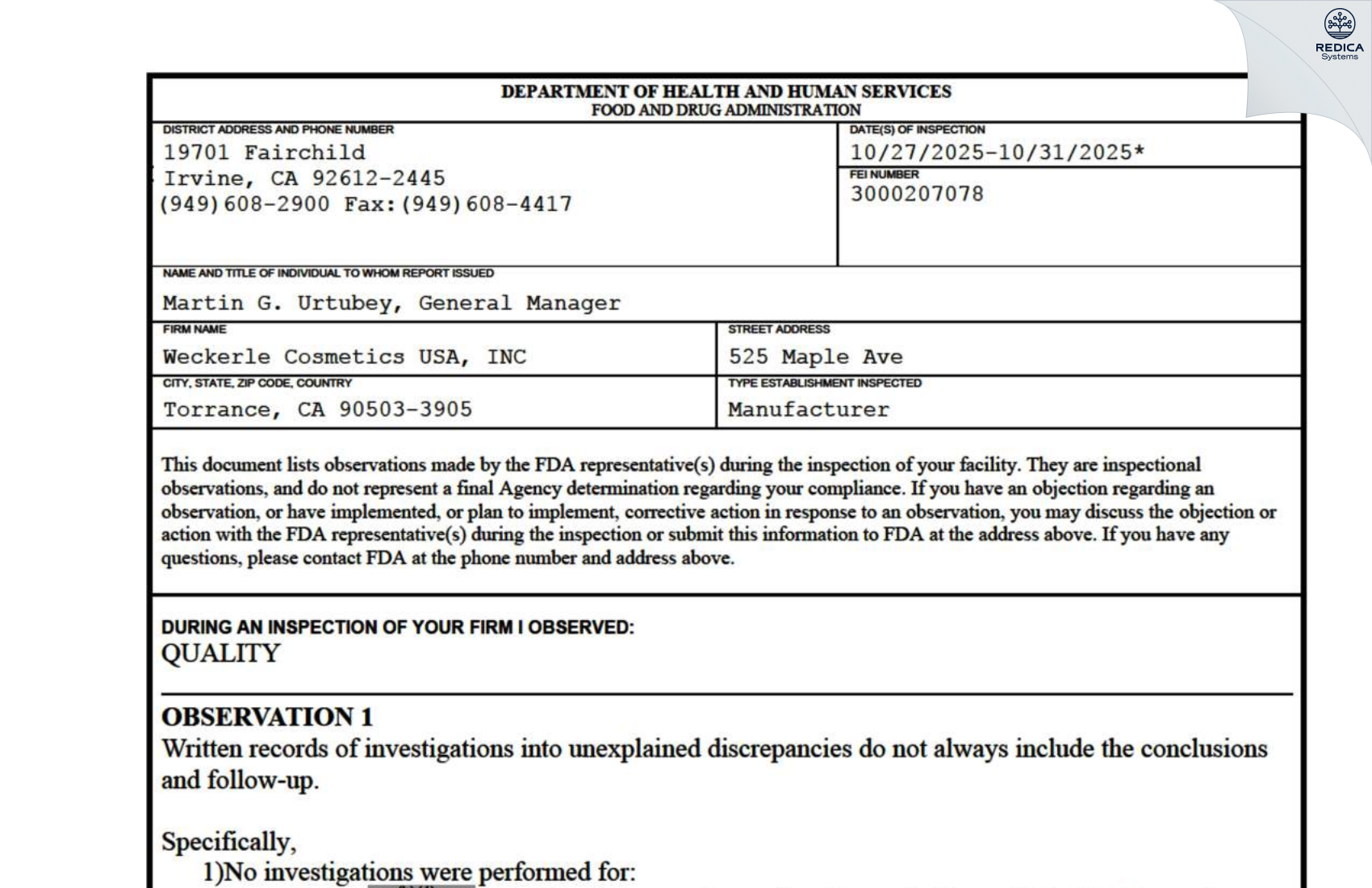FDA 483 - Weckerle Cosmetics USA, Inc [Torrance / United States of America] - Download PDF - Redica Systems