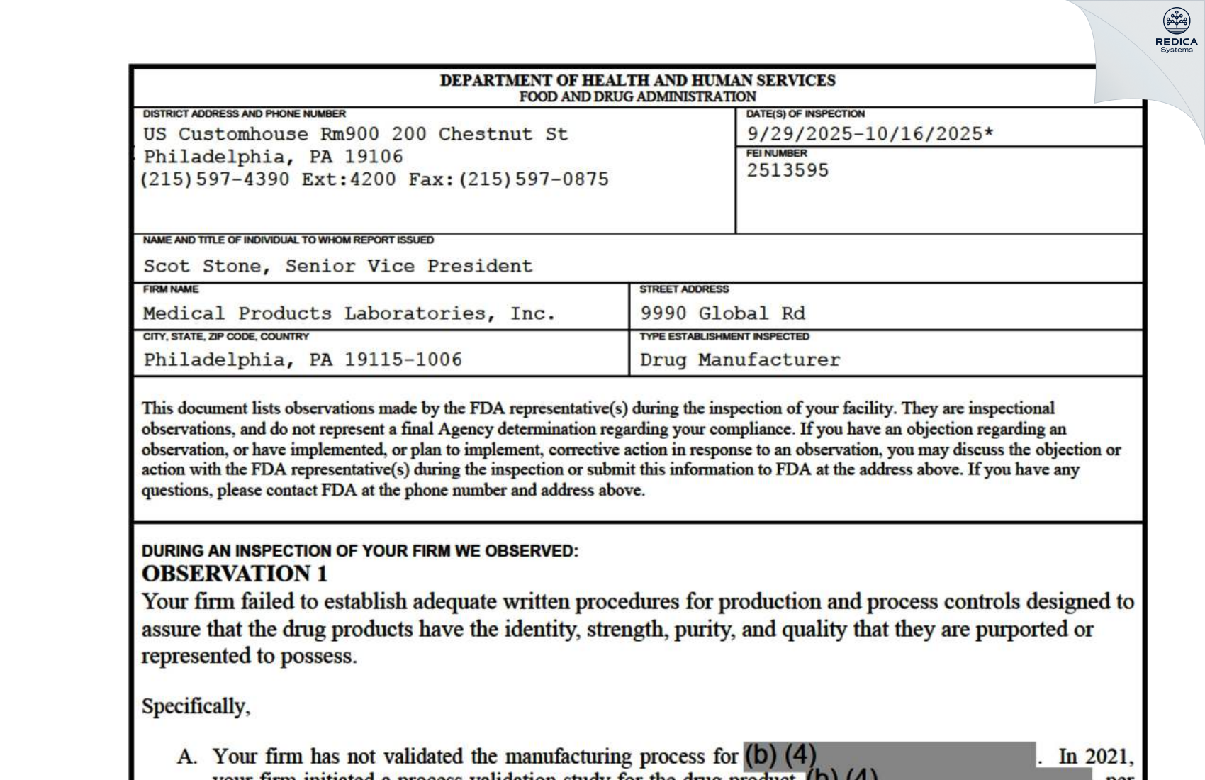 FDA 483 - Medical Products Laboratories, Inc. [Philadelphia / United States of America] - Download PDF - Redica Systems