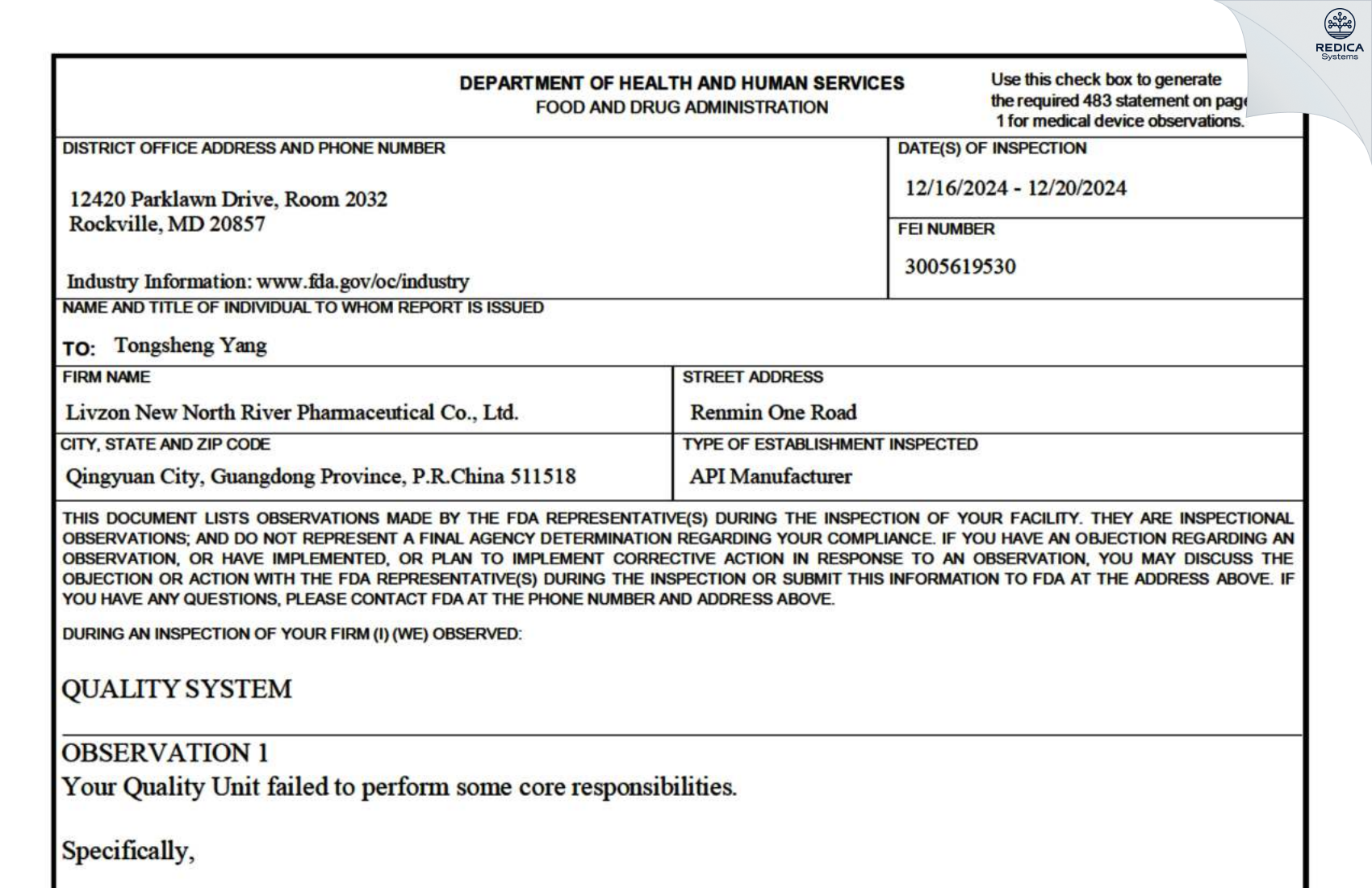 FDA 483 - Livzon New North River Pharmaceutical Co., Ltd. [Qingyuan / China] - Download PDF - Redica Systems