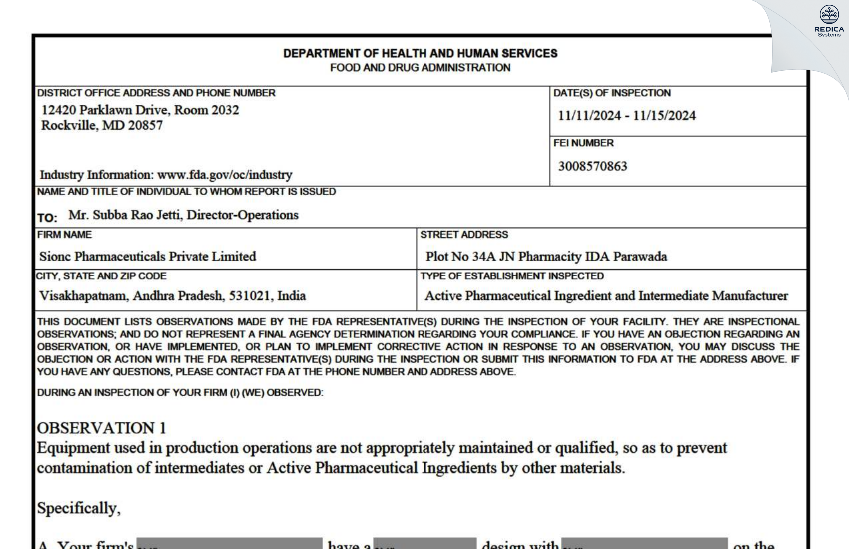 FDA 483 - SIONC PHARMACEUTICALS PRIVATE LIMITED [Visakhapatnam / India] - Download PDF - Redica Systems