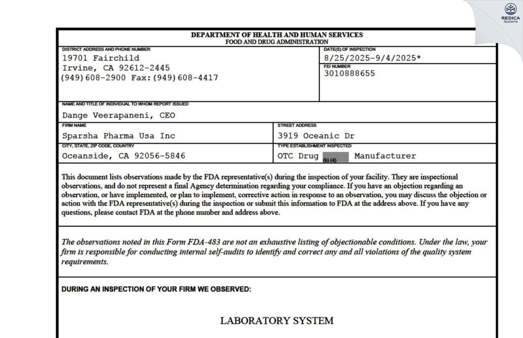 FDA 483 - Sparsha Pharma USA, Inc. [Oceanside / United States of America] - Download PDF - Redica Systems