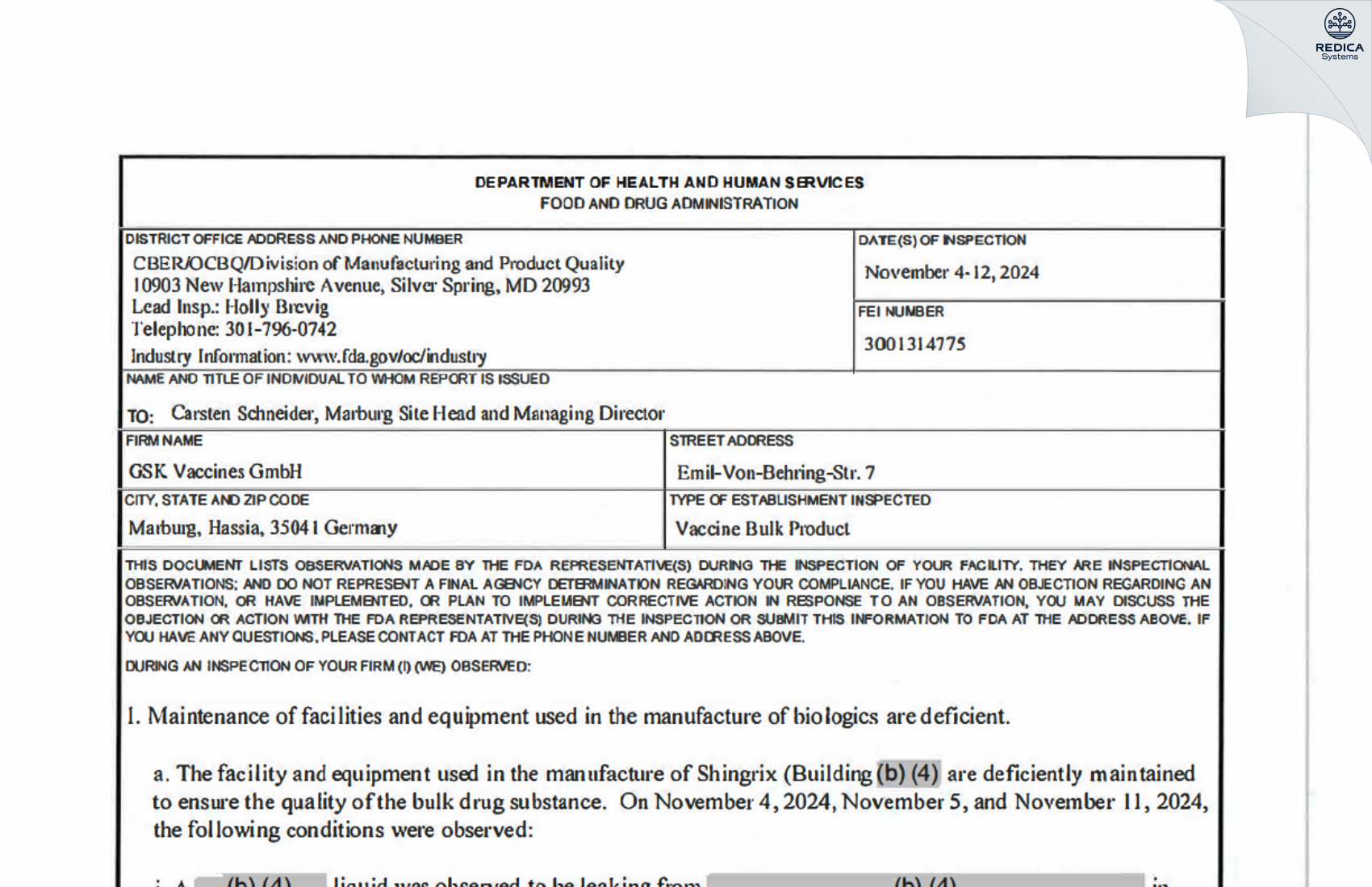 FDA 483 - GSK Vaccines GmbH [Marburg / Germany] - Download PDF - Redica Systems
