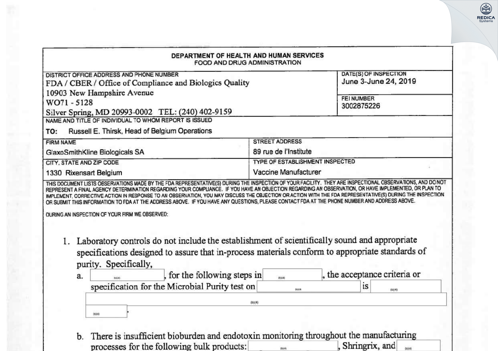 FDA 483 - GlaxoSmithKline Biologicals SA [Rixensart / Belgium] - Download PDF - Redica Systems