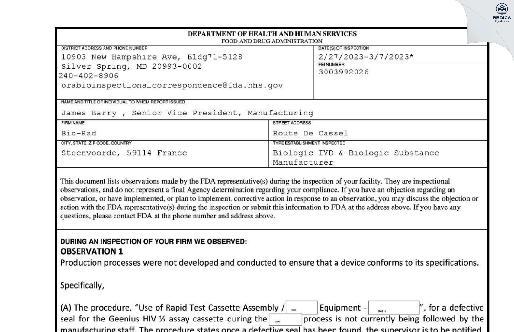 FDA 483 - Bio-Rad [Steenvoorde / France] - Download PDF - Redica Systems