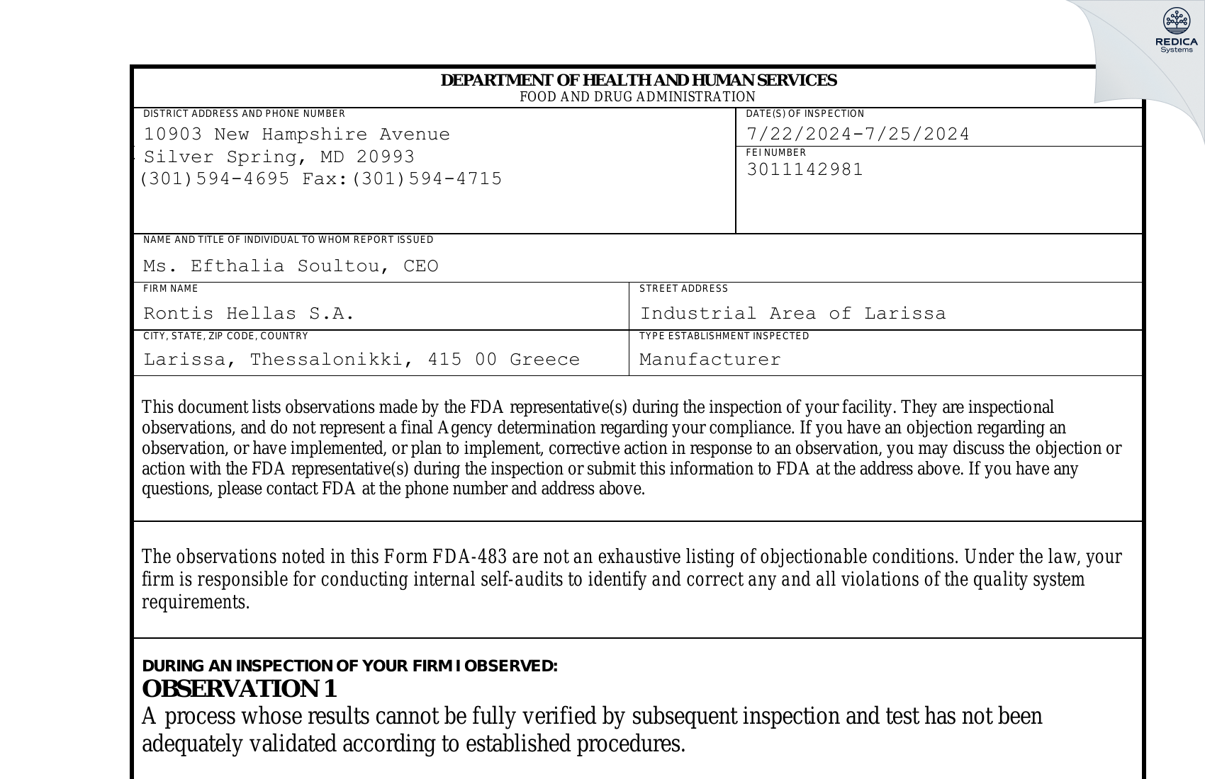 FDA 483 - Rontis Hellas S.A. [Larissa / Greece] - Download PDF - Redica Systems