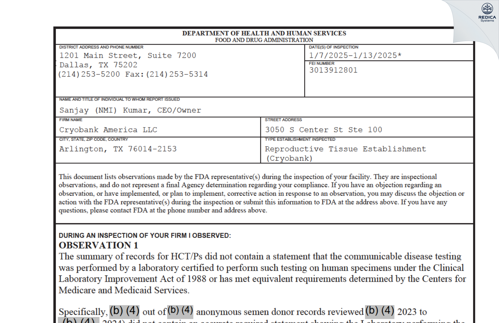FDA 483 - Cryobank America LLC [Arlington / United States of America] - Download PDF - Redica Systems