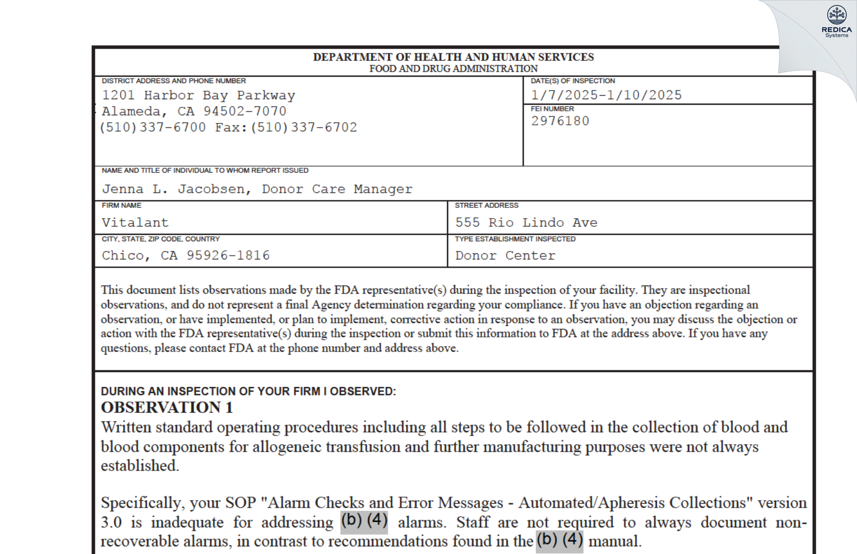FDA 483 - BloodSource, Inc. [Chico / United States of America] - Download PDF - Redica Systems