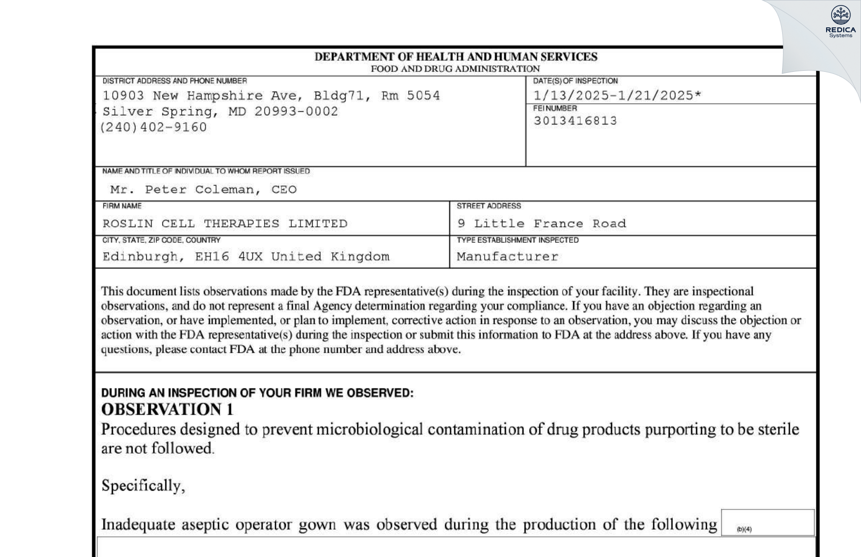 FDA 483 - Roslin Cell Therapies Limited [Edinburgh / United Kingdom of Great Britain and Northern Ireland] - Download PDF - Redica Systems