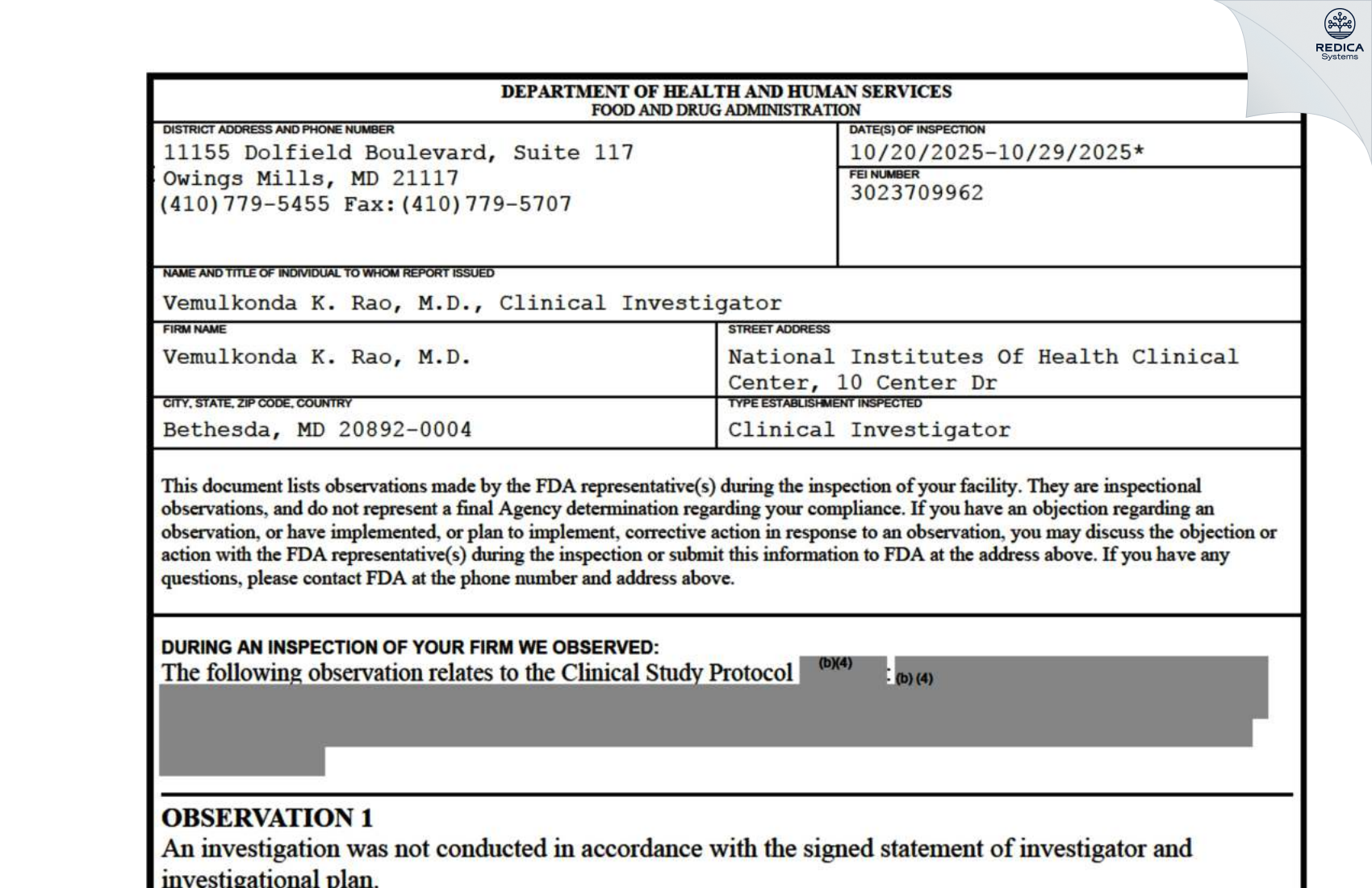 FDA 483 - Vemulkonda Koneti Rao, M.D. [Bethesda / United States of America] - Download PDF - Redica Systems