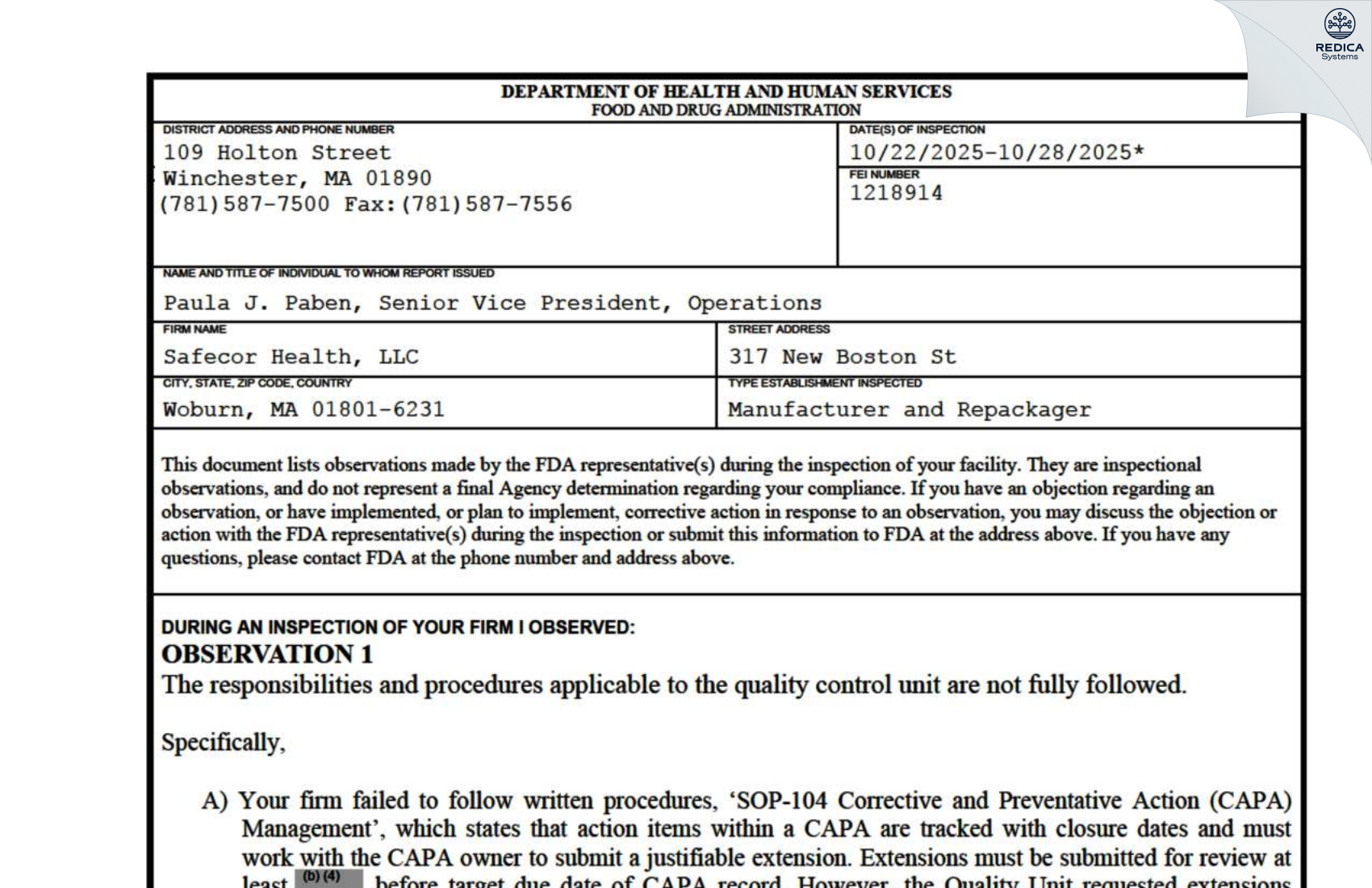 FDA 483 - Safecor Health, LLC [Woburn / United States of America] - Download PDF - Redica Systems