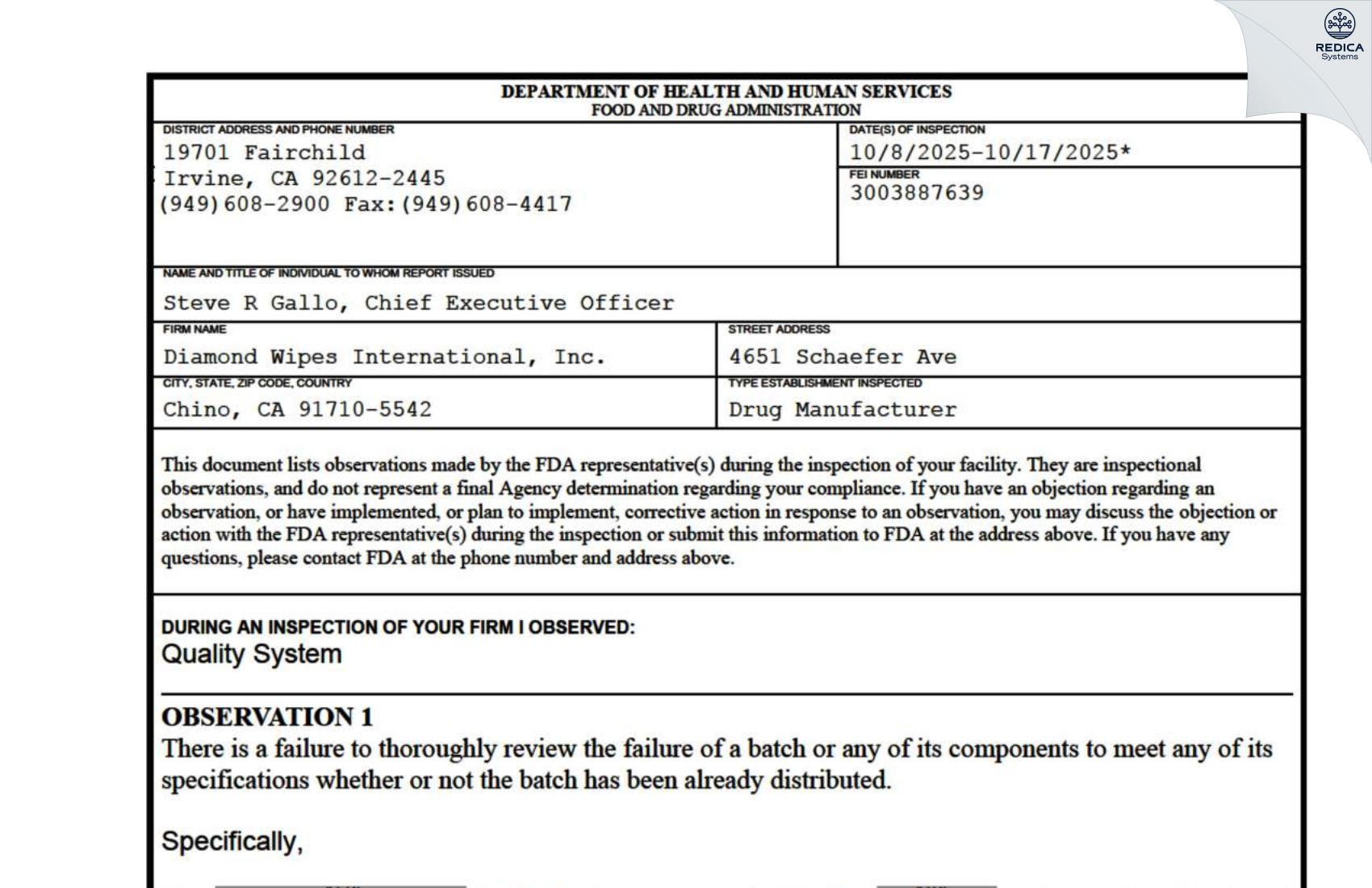 FDA 483 - Diamond Wipes International, Inc. [Chino / United States of America] - Download PDF - Redica Systems