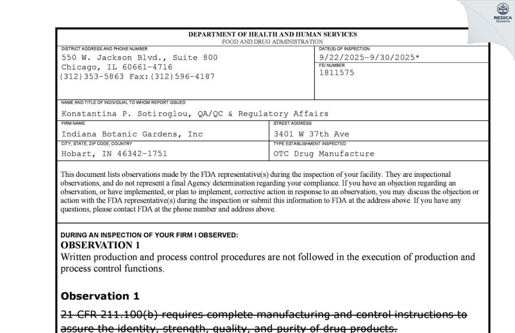 FDA 483 - Indiana Botanic Gardens [Hobart / United States of America] - Download PDF - Redica Systems