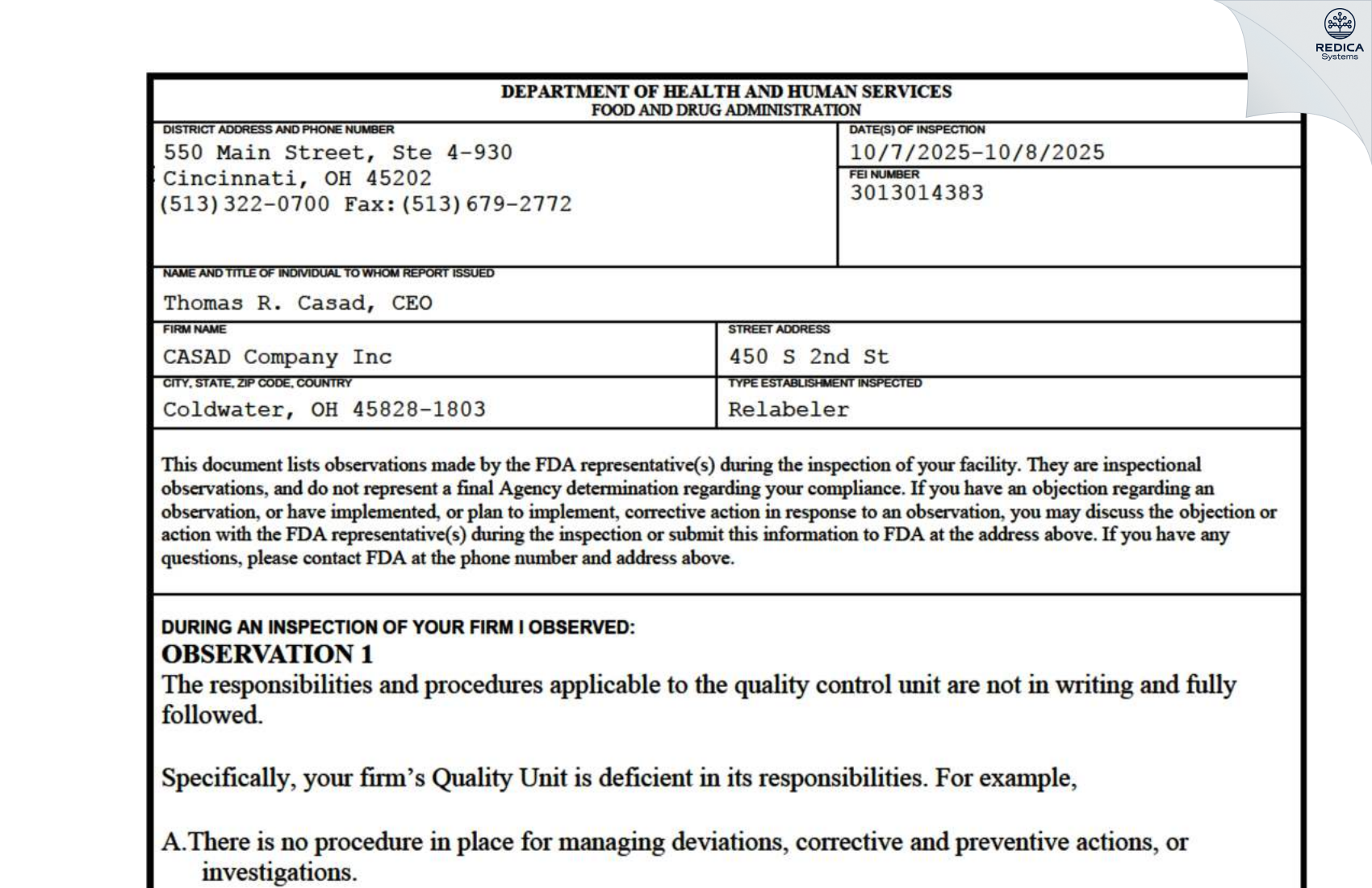 FDA 483 - CASAD Company, Inc. [Coldwater / United States of America] - Download PDF - Redica Systems