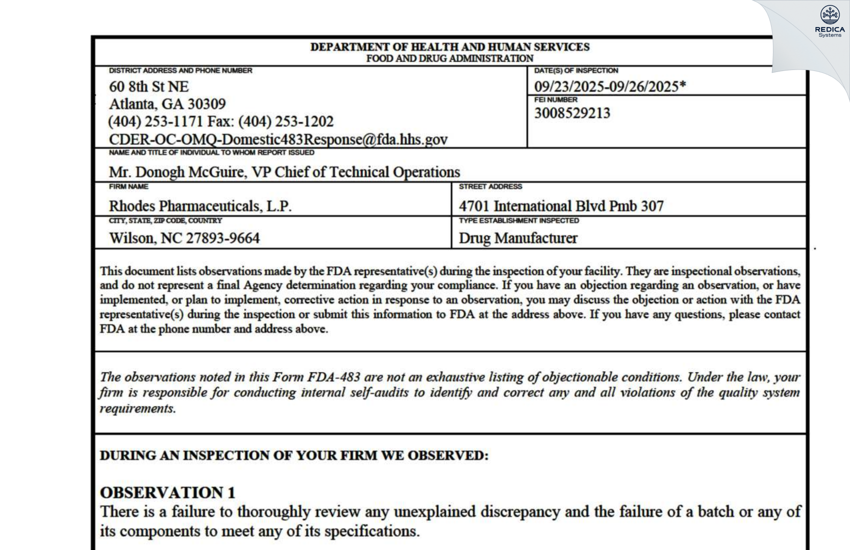 FDA 483 - Rhodes Pharmaceuticals L.P. [Wilson / United States of America] - Download PDF - Redica Systems