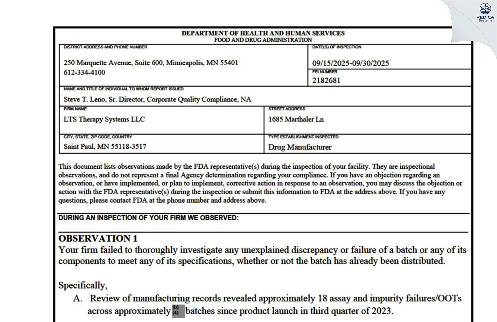 FDA 483 - LTS Therapy Systems, LLC [Saint Paul / United States of America] - Download PDF - Redica Systems