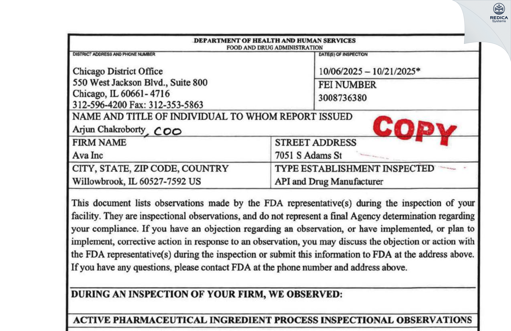 FDA 483 - AVA, Inc. [Willowbrook / United States of America] - Download PDF - Redica Systems