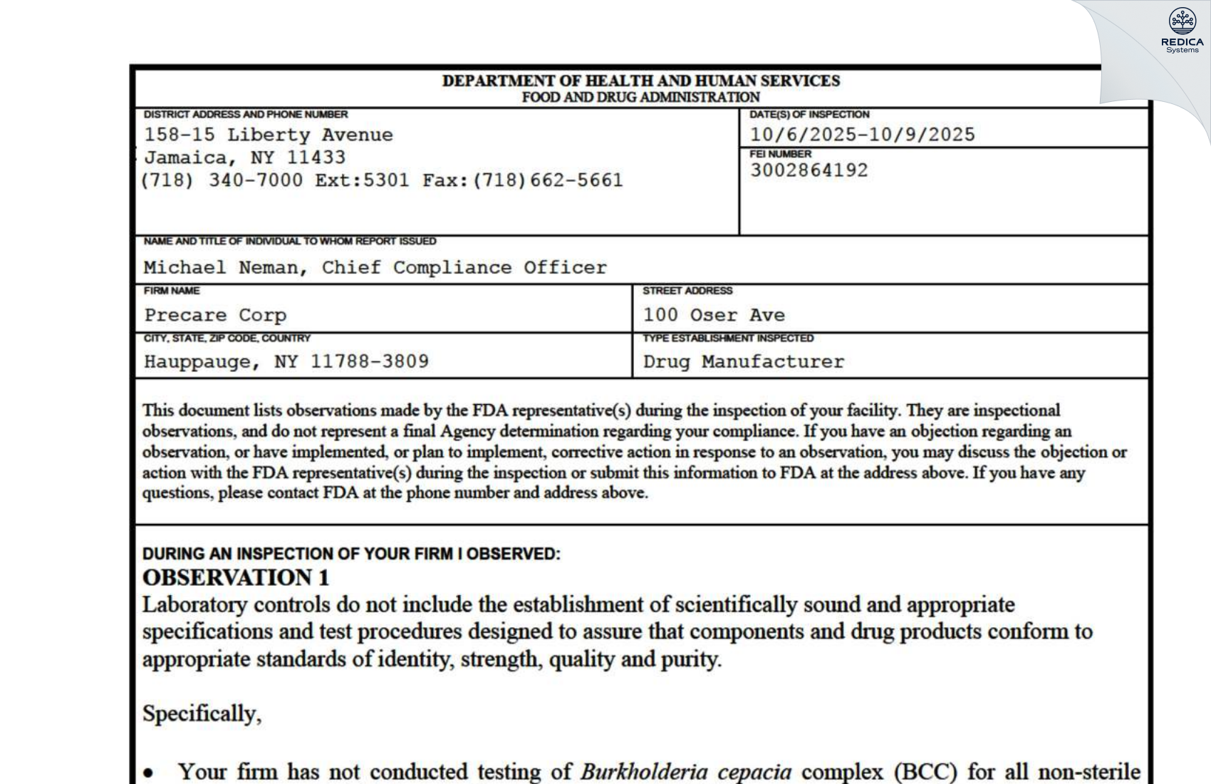 FDA 483 - Precare Corp [Hauppauge / United States of America] - Download PDF - Redica Systems