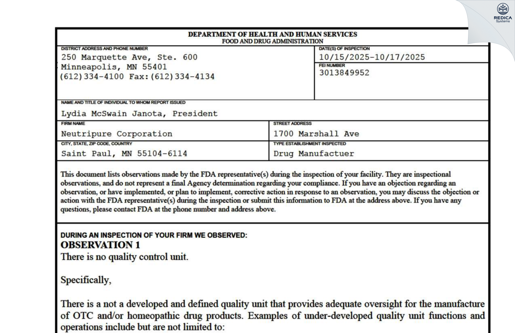 FDA 483 - Neutripure Corporation [Saint Paul / United States of America] - Download PDF - Redica Systems