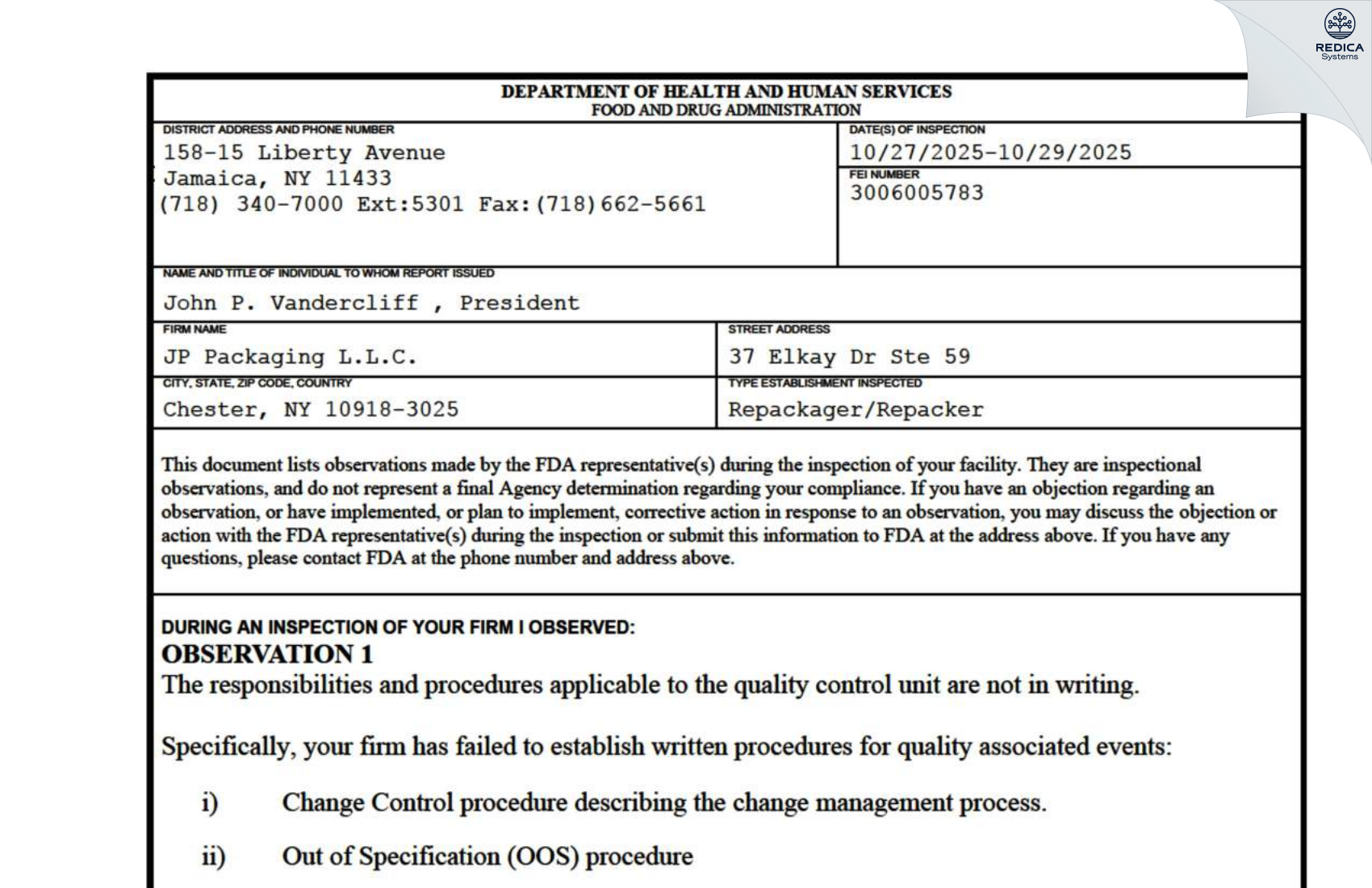 FDA 483 - JP Packaging LLC [Chester / United States of America] - Download PDF - Redica Systems