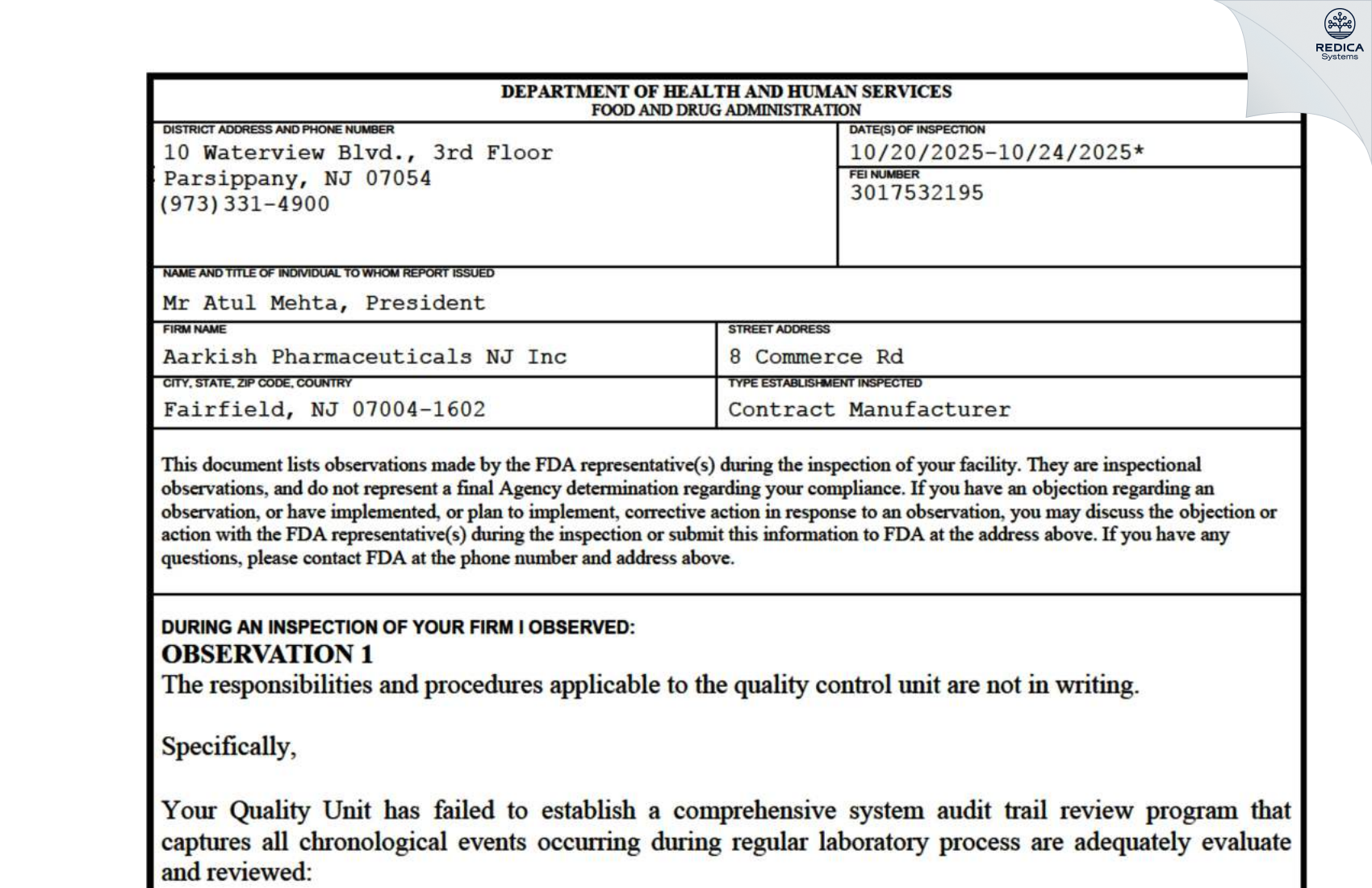 FDA 483 - AARKISH PHARMACEUTICALS NJ INC. [Fairfield / United States of America] - Download PDF - Redica Systems