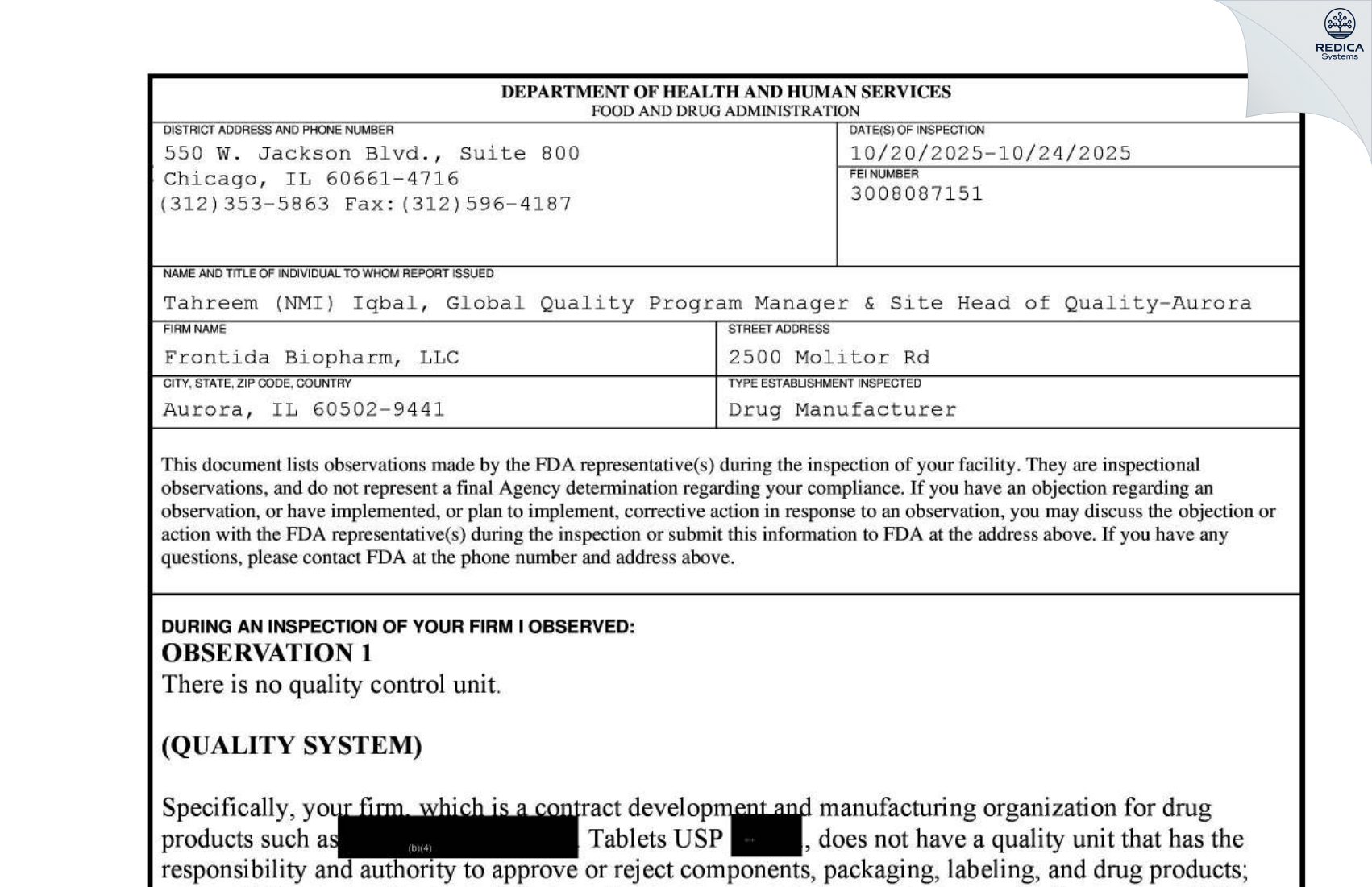 FDA 483 - Frontida BioPharm, LLC [Aurora / United States of America] - Download PDF - Redica Systems