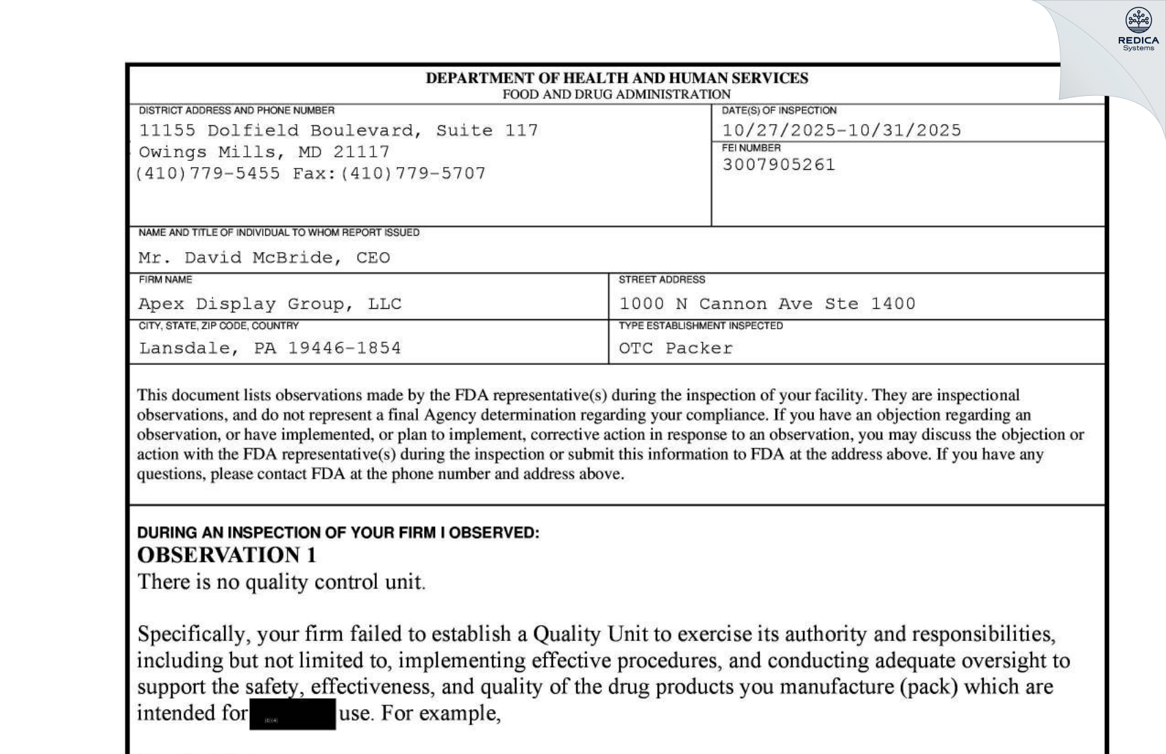 FDA 483 - Apex Display Group [Lansdale / United States of America] - Download PDF - Redica Systems